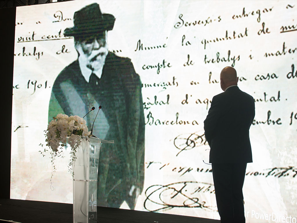 Antoni Gaudí's portrait displayed during a presentation at Gaudí World Congress 2016 in Shanghai